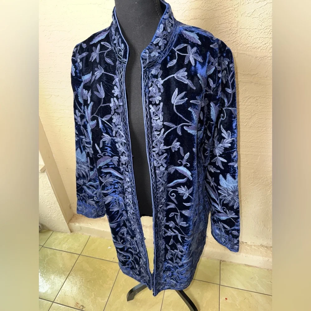 Soft Surroundings Navy Blue Velvet Embroidered Trench Coat - Picture 8 of 16